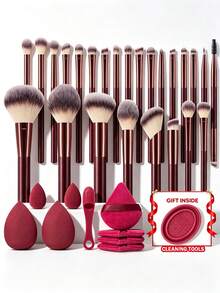 34pcs And 1pc Free Gift Makeup Brush Set With Makeup Sponges Powder Puff Cleaning Mat Face Washing Wristbands Soft Synthetic Bristles Cosmetic Brushes For Foundation Blush Eyeshadow Makeup Tools Gift For Makeup Lover - Burgundy - View 10