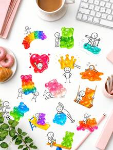 50Pcs Whimsical Gummy Bear Meme Decor Stickers, Colorful Jelly Candy And Cartoon Stick‑Figure Decals, Waterproof PET Material Fun Humorous Decals For Scrapbooking, Water Bottle, Laptop & Daily Stationery Decor - Multicolor - View 1