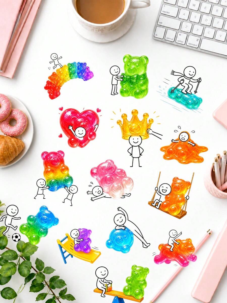 50Pcs Whimsical Gummy Bear Meme Decor Stickers, Colorful Jelly Candy And Cartoon Stick‑Figure Decals, Waterproof PET Material Fun Humorous Decals For Scrapbooking, Water Bottle, Laptop & Daily Stationery Decor - Multicolor - View 1