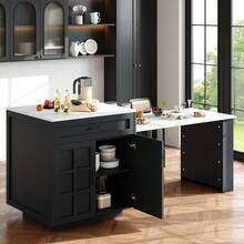 Extendable Bar Table With Storage (133-202 * 70 * 93.5), With Two Drawers And Four Compartments, Expandable Kitchen Island Table 2-6 People, Kitchen Dining Cart With Side Shelves, Black. - Black + MDF - View 3