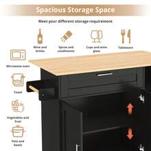132.5*44(70)*90cm Kitchen Island On Wheels, Rolling Storage Trolley With Foldable Tabletop, Multifunctional Cabinet, Spice Rack, Towel Holder, 5 Wheels, Suitable Kitchen/Dining/House - Black+Natural + MDF - View 2