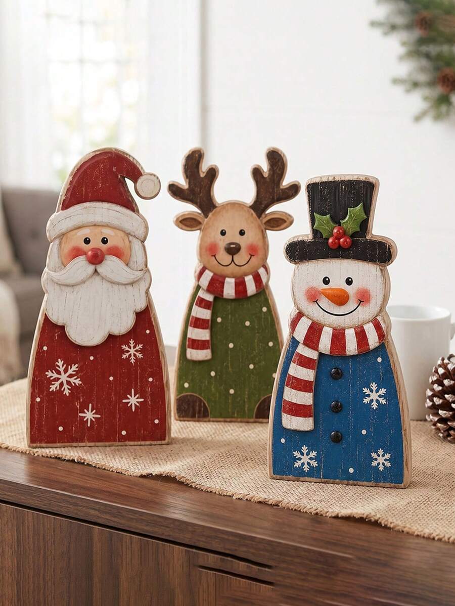 3Pcs Christmas Tabletop Ornament Set, Santa Snowman Reindeer Statues, Farmhouse Style Mantel Shelf Display Decor, Xmas Holiday Desktop Decoration, Christmas Gift For Indoor Home Winter Party Decor - Multiple Styles - View 1