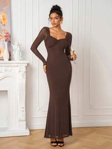 PARTHEA Elegantes braunes Mesh-Meerjungfrau-Maxikleid mit quadratischem Ausschnitt, langen Ärmeln, geraffter Brust und rückenfreiem Design, Abendkleid für Hochzeitsgäste für Frauen - Braun - Übersicht 1