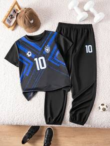 2pcs/Set Boys Black & Blue #10 Pattern Soccer Jersey And Pants, Short Sleeve Soccer Sports Outfit, Suitable For Training, School And Outdoor Activities - Multicolor - View 3