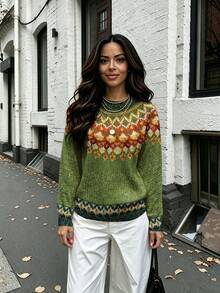 女款毛衣，復古 Fair Isle 幾何花卉印花圓領長袖針織套頭衫，休閒寬鬆風格上衣，適合秋冬社交場合 - 彩色 - 查看 1