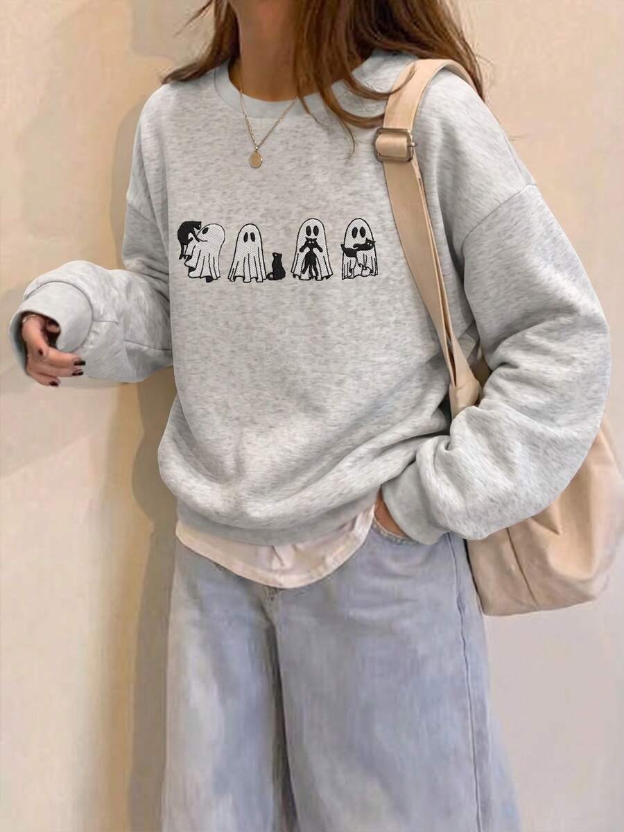 Women's Long Sleeve Crew Neck Sweatshirt, Playful Cute Ghost Print, Faux Embroidery Effect, Suitable For Autumn/Winter Wear - Light Grey - View 1