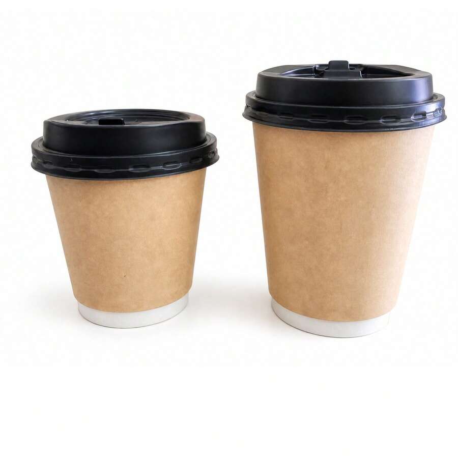 10pcs Thickened Coffee Paper Cup With Insulated Cowhide Wrapped Body And Lid, Suitable For Cafes & Milk Tea Shops, - Coffee Brown - View 1