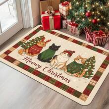 1pc Meowy Christmas Welcome Mat, Crystal Velvet Material, Four Cute Christmas Decorated Cats With Christmas Tree Ball Design, Suitable For Holiday Decoration, Home Decor - A - View 9