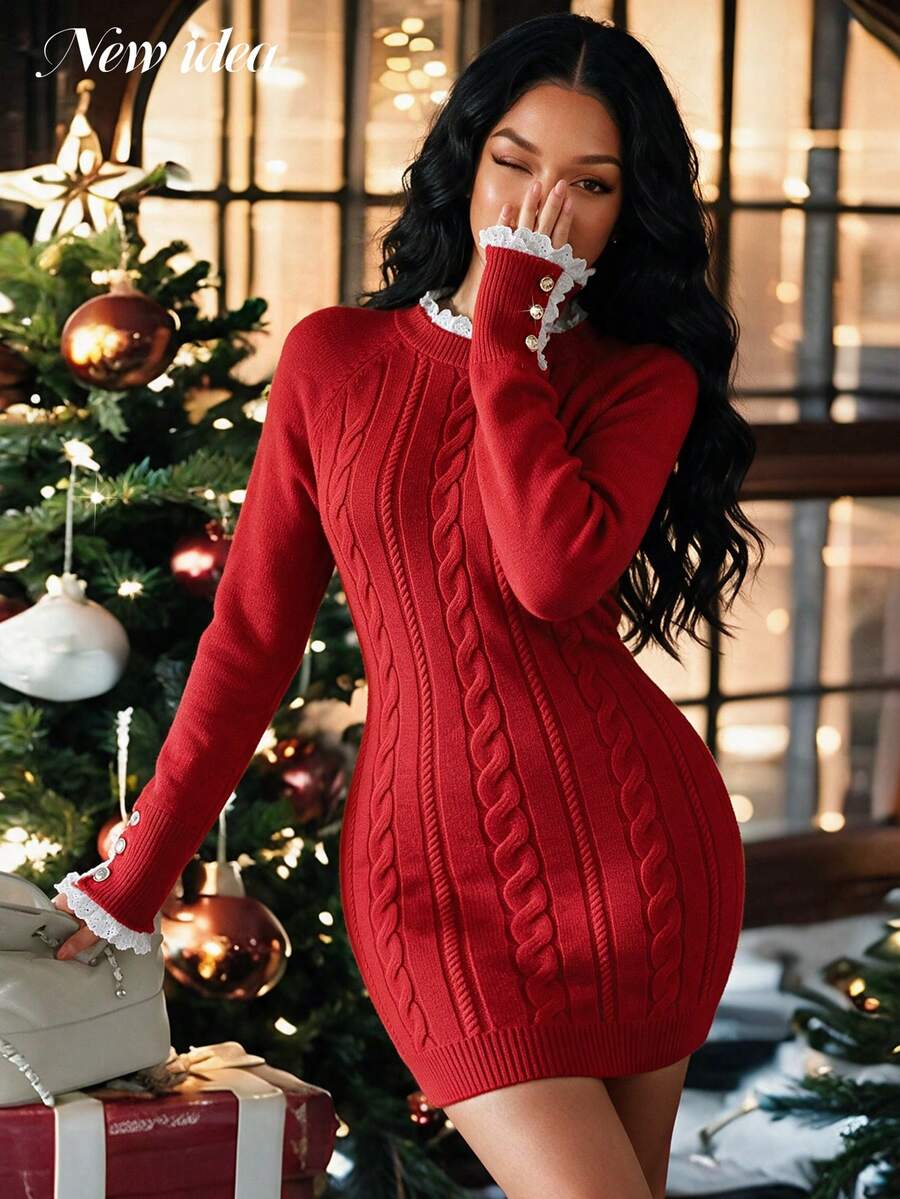 NEW IDEA Women Glam Red Fall Winter Sweater Dress, Cable Knit Bodycon Mini Dress With Lace Trim & For Cocktail, Dinner & Christmas Holiday Party - Red - View 1