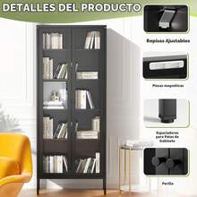 Gabinete de Almacenamiento de Metal con Puertas de Vidrio, Vitrina de Vidrio con 4 Estantes Ajustables, Gabinete Alto Moderno para Oficina en Casa - Negro - Ver 2