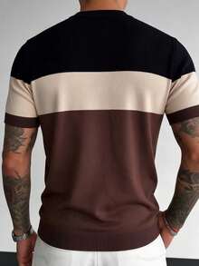 1pc Men's Striped Round Neck T-Shirt, Slim Fit Short Sleeve Knit Sweater, Contrast Color New Arrival Short Sleeve Knit Top - Brown - View 6