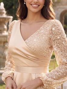 MIUSOL Glitter Floral Lace Contrast Satin Lantern Sleeve Modest Formal Party Maxi Dress,For Wedding Guest,Graduation,Dinner - Champagne - View 8