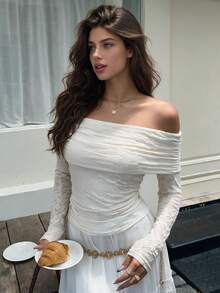 QUNGIGU Women Off Shoulder Lace Top Jacquard Ruched Slim Fit Blouse For Fall Winter Daily Casual Going Out Dating - Apricot - View 3