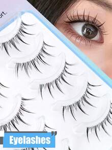 5 Pairs Japanese & Korean Manga Style Pointed Tail Ultra-Fine Fishing Line Invisible Stem False Eyelashes, Natural Sweet Fresh Soft Lightweight Realistic Eyelashes For Dating, Travel, Portable - Black - View 2