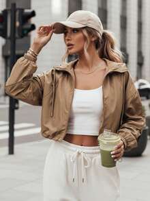Women's Cropped Hooded Jacket With Zip Front, Drawstring Hem And Elastic Cuffs - Beige - View 2