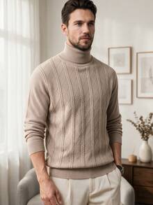 Men's High Neck Cable Knit Argyle Pattern Sweater, Crew Neck Simple Casual Style, Business Commute Inner Layer Outer Wear Knit Top, Two-Collar Design - Apricot - View 3