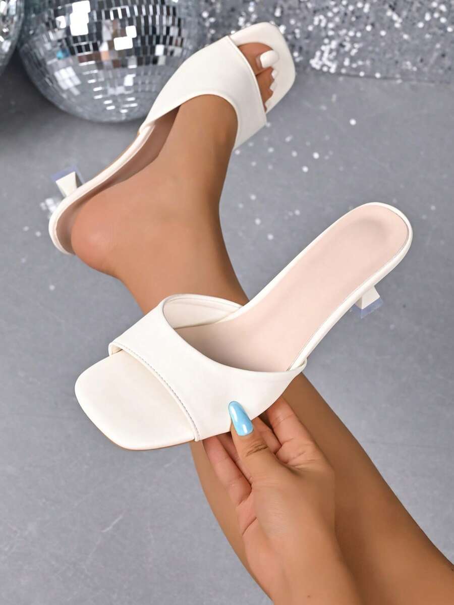 Sandal Wanita Musim Panas Putih Ujung Persegi Satu Tali Hak Kitten, Sandal Selop Hak Stiletto Elegan Ujung Terbuka Minimalis - Putih - View 1