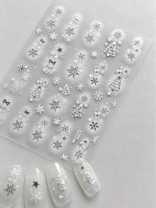 1Sheet Thin & Soft Christmas Nail Stickers Silver White Snowflake Xmas Tree Bell Star Self-Adhesive Nail Art Decals Winter Manicure Decor - White - View 2