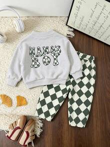 2pcs/Set Baby Boy Outfit, Crew Neck Sweatshirt With English Print Paired With Simple Casual Argyle Pattern Long Pants, Comfortable Autumn/Winter New Baby Boy Set - Light Grey - View 3