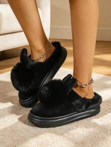 New Autumn/Winter Black Single Ball Rabbit Cute Warm Slippers, Unisex Couple Solid Color Home Anti-Slip Half-Back Slippers, Valentine's Day Gift - Black - View 4