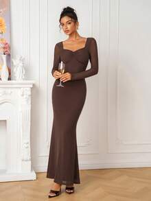 PARTHEA Elegantes braunes Mesh-Meerjungfrau-Maxikleid mit quadratischem Ausschnitt, langen Ärmeln, geraffter Brust und rückenfreiem Design, Abendkleid für Hochzeitsgäste für Frauen - Braun - Übersicht 6