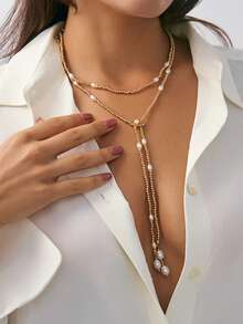 Hip Hop Style Asymmetric CCB Faux Pearl Beaded Necklace, Fashion Y-Shaped Tassel Collarbone Chain - Multicolor - View 10