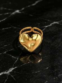 1pc Minimalist Golden Heart Open Ring Stylish Statement Jewelry For Women Daily Party Wear - Yellow Gold - View 1