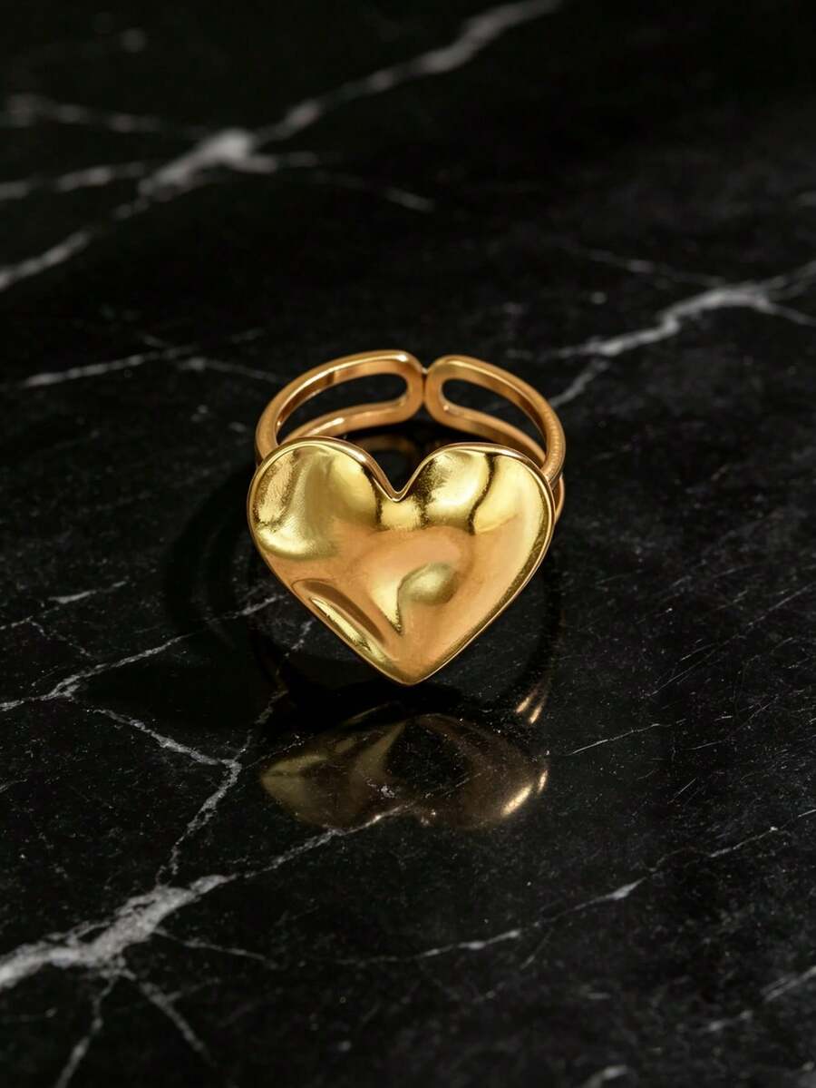 1pc Minimalist Golden Heart Open Ring Stylish Statement Jewelry For Women Daily Party Wear - Yellow Gold - View 1
