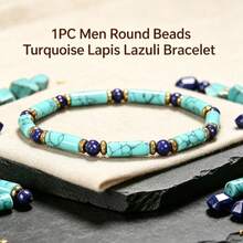 1PC Men Round Beads Turquoise Round Lapis Lazuli Bracelet With Golden Spacer Beads. Natural Stone Stackable Accessory, Perfect Gift For Husband,Dad - Turquoise - View 6