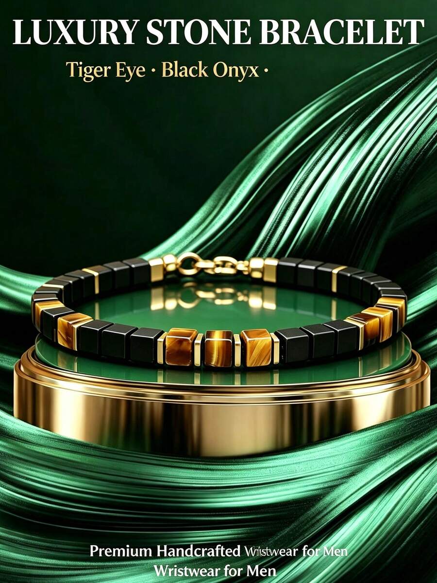 1pc Obsidian Cube And Tiger's Eye Bracelet-Attracts Abundance And Prosperity; An Ideal Choice For Daily Wear. - Multicolor - View 1
