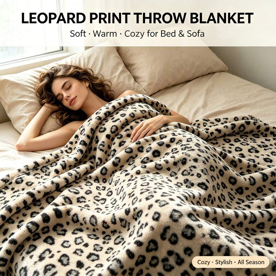 1pc Leopard Print Faux Rabbit Fur Blanket, Double Layer Warm Faux Rabbit Plush Throw Blanket, All-Season Multi-Functional Decorative Blanket For Living Room Bedroom Sofa, Great Gift For Family - Khaki Heart Leopard Print - View 1