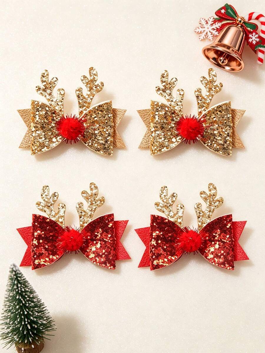 Christmas Reindeer Red & Gold Glitter Bow Hair Clip, Children's Stage ...