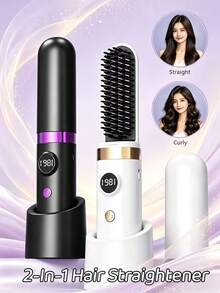 2-In-1 Rechargeable Hair Straightener Brush,Curling Iron,Wireless Portable Hair Straightener With Heating Protection,2-In-1 Hair Straightener With LED Digital Display,Suitable For Dorm,Home,Great Gift Idea,Holiday Essentials,Travel Essentials - Multicolor - View 12