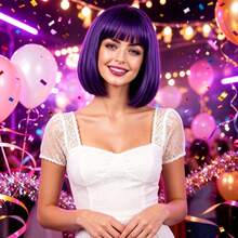 Carnival Easter Halloween Party Costume Wig, Clown Character Outfit, Suitable For Halloween Party, Stage Performance, Theme Cosplay, Also For Daily Wear, Fluffy Style With Strong Atmosphere, Comfortable To Wear, 12-Inch Purple Bob Wig With Bangs - Purple - View 3