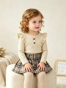 2pcs/Set Baby Girl Autumn/Winter Soft Ribbed Elegant Flutter Sleeve Top And Classic Plaid Skirt, Cute Button Decor, Suitable For Daily Wear, Versatile And Comfortable For Photos - Apricot - View 5