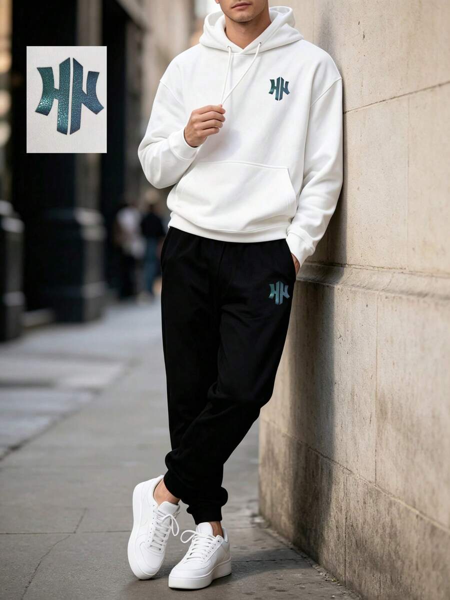 2pcs Men's Fashion Minimalist Cracked Texture Letter Iridescent Color-Changing Casual Drawstring Pants & Hoodie Sweatshirt Set, Perfect For Spring, Autumn, Winter Outdoor, Streetwear, Daily Wear - Black - View 1