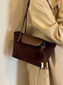 1pc Solid Color Suede New Women's Backpack, Shoulder Bag, Fashion Large Capacity Bucket Bag, Magnetic Closure, Dual Handles, Suitable For Commuting, Shopping, Dating, Shopping - Coffee - View 3