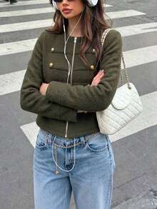 Fashion Green Winteroutfits Knitted Cardigan, Women's, Long Sleeve Military Style, Gold Buttons, Casual Fashion Jacket, Suitable For Autumn/Winter Wear - Army Green - View 3