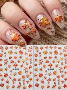 1pc 5D Embossed Gradient Orange-Red Nail Art Sticker, New Chinese Style Autumn Maple Leaf & Branch Theme DIY Nail Decor, Suitable For Autumn, Thanksgiving, Daily Wear, Party, Holiday Gift, Nail Artist Supplies - Multicolor - View 2