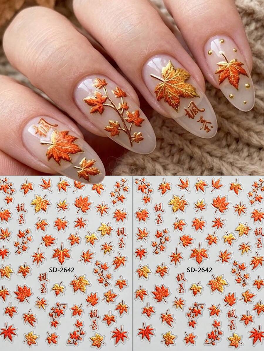 1pc 5D Embossed Gradient Orange-Red Nail Art Sticker, New Chinese Style Autumn Maple Leaf & Branch Theme DIY Nail Decor, Suitable For Autumn, Thanksgiving, Daily Wear, Party, Holiday Gift, Nail Artist Supplies