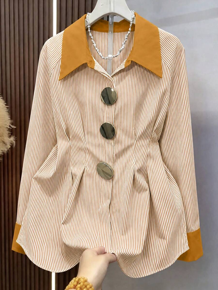 Striped Colorblock Collar Shirt, Cinched Waist Gold Button Top, Elegant Commuter Outfit For Spring And Autumn - Multicolor - View 1