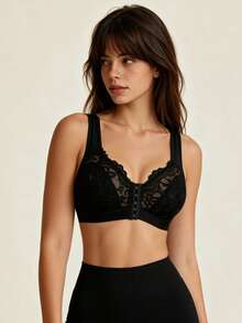 Lilivine Women Lace Patchwork Front Button Wireless Comfortable Bra - Black - View 1