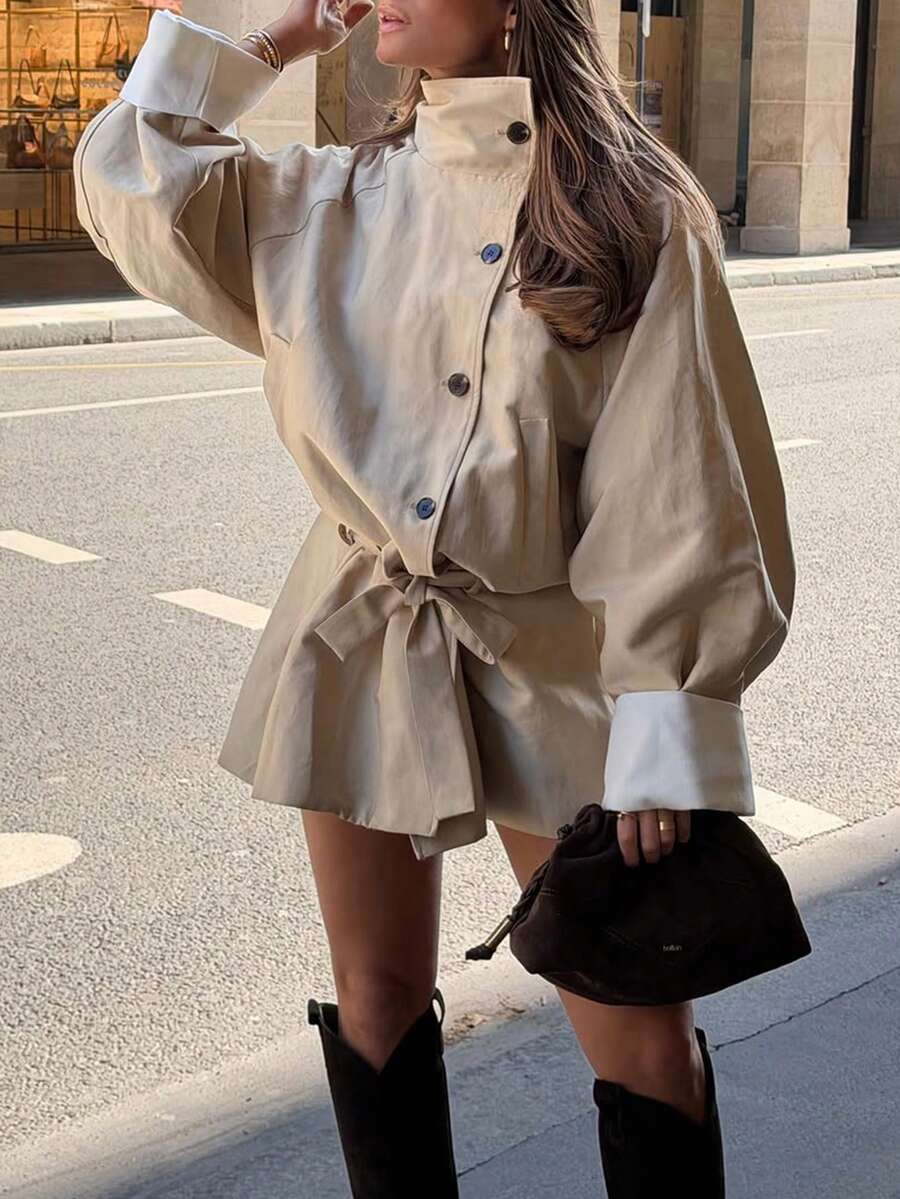 Plus Size Women's Fashion Beige Woven Long Sleeve Stand Collar Jacket, Regular Fit Spring/Autumn Top - Khaki - View 1