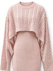JustMiss Women's 2pcs Sweater Set, Round Neck Long Sleeve Knit Loose Korean Style Soft Cable Texture Cover Up And Cami Dress, Autumn/Winter - Pink - View 10