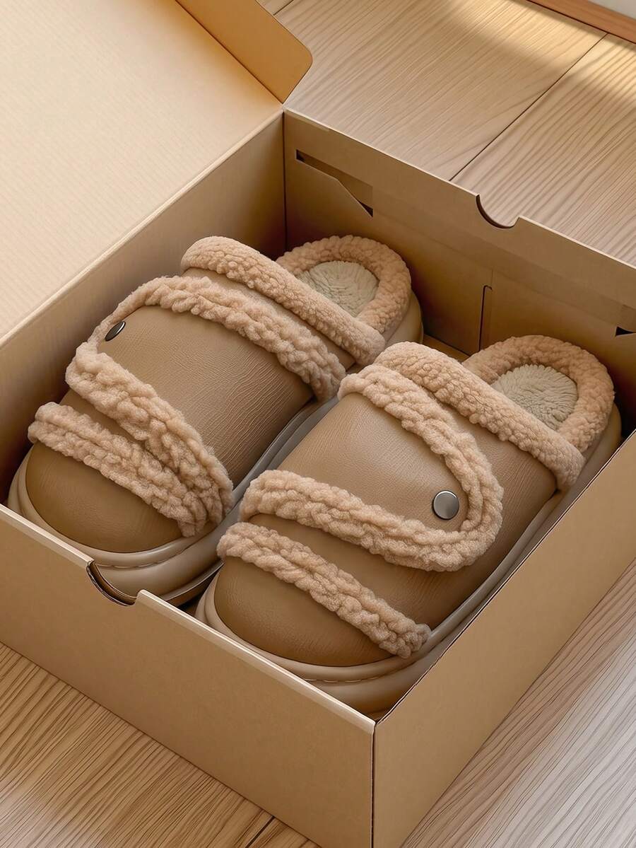 女款簡約居家拖鞋，秋冬保暖臥室穿脫式厚底毛絨拖鞋 - 卡其色 - 查看 1