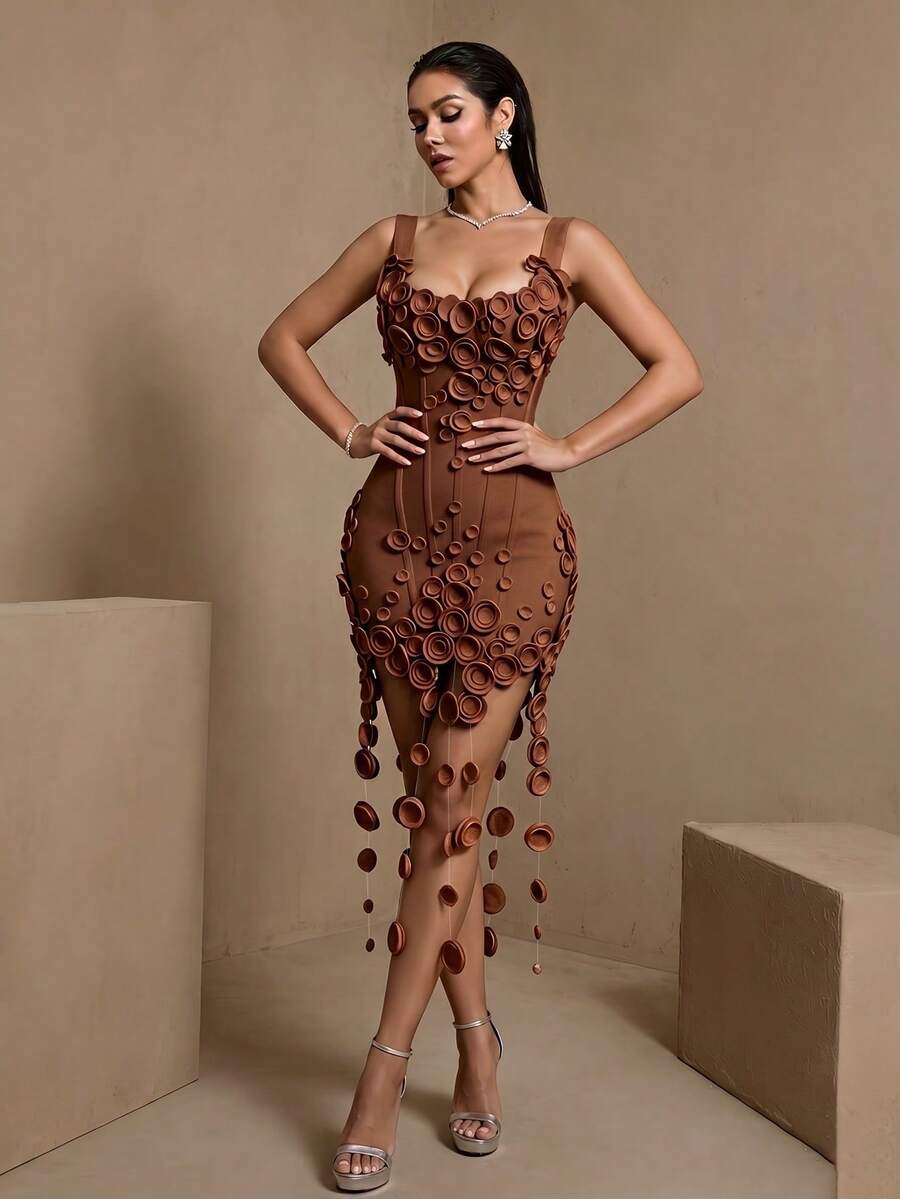 女款性感紅色方領無袖針織面料派對優雅短版鉛筆裙，獨特3D圓形貼花繃帶洋裝 - 棕色 - 查看 1
