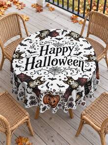 1pc Halloween Theme Polyester Tablecloth, Round Tablecloth, Rectangular Tablecloth, Halloween Decor Tablecloth/Table Cover, Black Halloween Pumpkin Bat Ghost Spirit Black Cat Skeleton Pattern Holiday Tablecloth, Halloween Dining Table Centerpiece Decoration, Halloween Party And Family Gathering Atmosphere Decor Tablecloth, Reusable - C - View 4