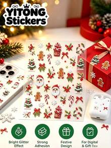 1pc Red-Brown Glitter Texture Christmas Theme Decorative Sticker, Rich Christmas Elements, Delicate And Exquisite Pattern, Suitable For Earphone Case, Phone Case, Water Cup, Scented Candle Cup, Holiday Gift Box, Etc., Lively And Festive, Creating A Full Atmosphere Christmas Holiday Style - Santa Claus Bow - View 1
