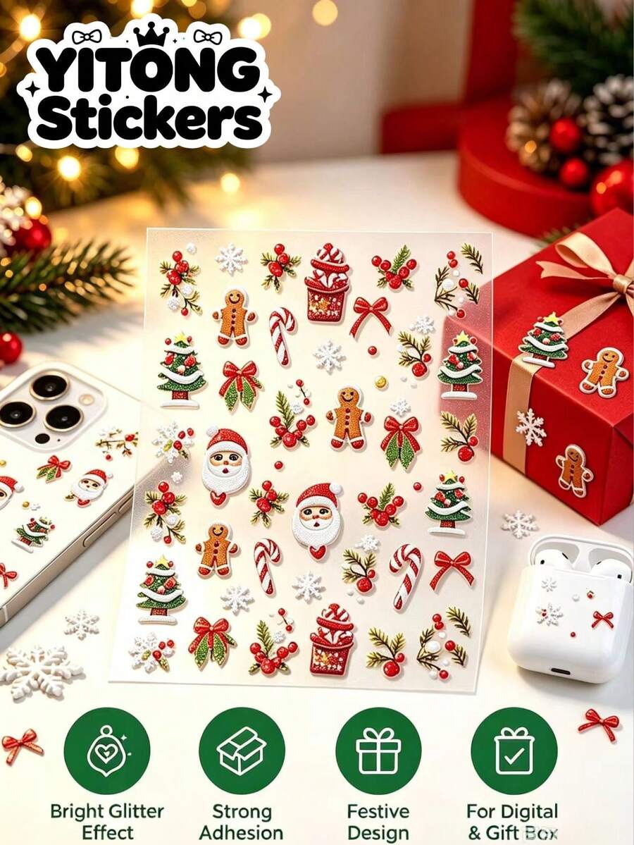1pc Red-Brown Glitter Texture Christmas Theme Decorative Sticker, Rich Christmas Elements, Delicate And Exquisite Pattern, Suitable For Earphone Case, Phone Case, Water Cup, Scented Candle Cup, Holiday Gift Box, Etc., Lively And Festive, Creating A Full Atmosphere Christmas Holiday Style - Santa Claus Bow - View 1