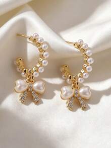 1 Pair C-Shaped Faux Pearl Bow Pendant Earrings, Suitable For Weddings, Parties, Festivals, Birthdays - Gold - View 5